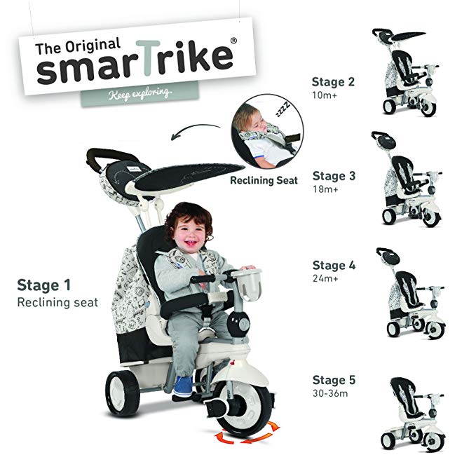 smarTrike Dazzle 5-in-1 Baby Trike Light-Weight 14 pounds With Quiet Ride Wheels, Storage Bag and Canopy - Black and White