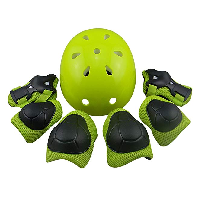 Kids Protective Gear, WOLFBUSH 7Pcs Set Elbow Wrist Knee Pads and Helmet Sport Safety Protective Gear Guard for Children Skateboard Skating Cycling Riding Blading - Light Green S