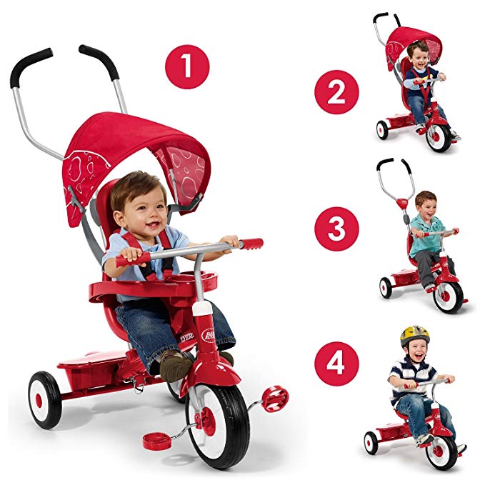 Radio Flyer 4-in-1 Trike, Red- Children's Tricycle- Push-Handle- Unique Stroller Style Canopy- Sturdy Steel Frame- Adjustable Seat