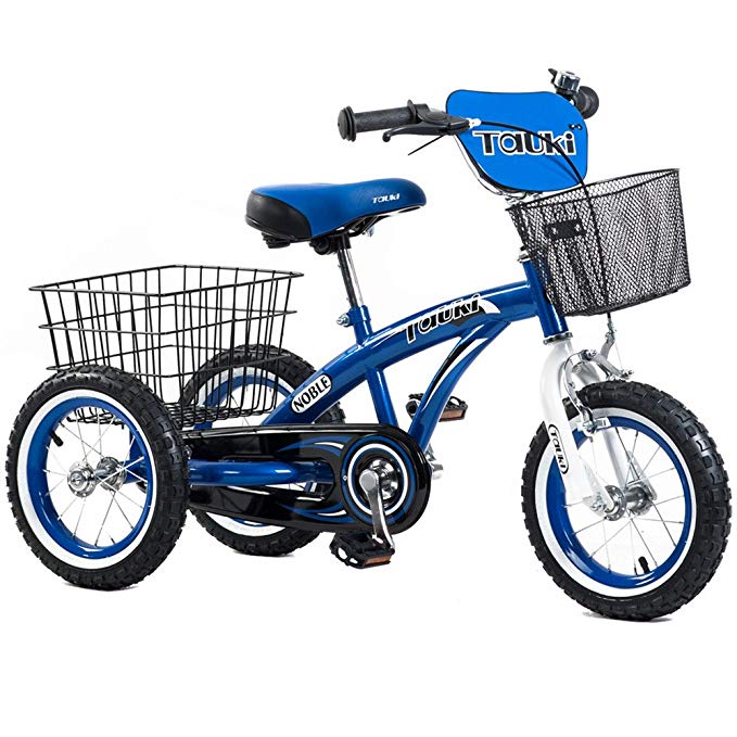 Tauki 12 Inch Kids Tricycle, Front and Rear Baskets, Hand Brake