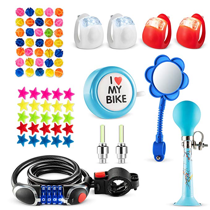 Bikes On Hikes 70 Piece Children's Bike Set Blue - Includes Horn, LED Combination Chain Lock, Mirror, Bell, 2 Flash Valve Sealing Caps, 2 Red & 2 White Lights, 30 Stars, 30 Balls Spoke Lights