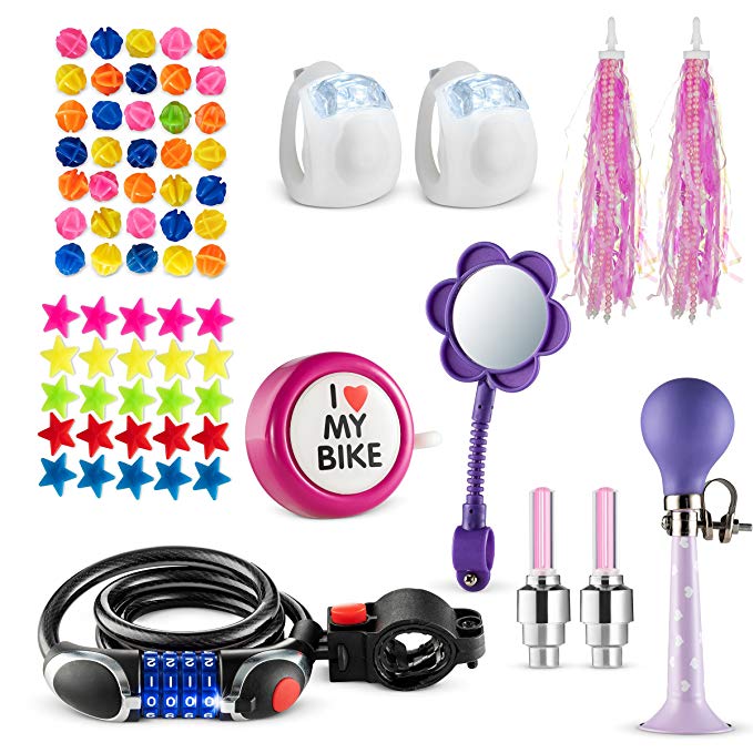 70 Piece Children's Bike Set Pink Purple - Includes Horn, LED Combination Chain Lock, Mirror, Bell, 2 Streamers 2 Flash Valve Sealing Caps 2 White Lights 30 Stars 30 Balls Spoke Lights