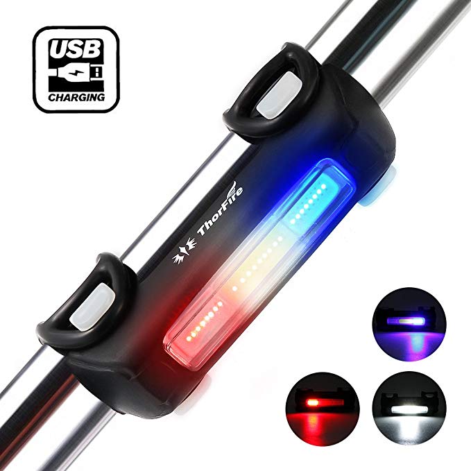 Thorfire Bike Lights Ultra Bright Cycling Lights USB Rechargeable Bicycle Tail Light Red/Blue/White 7 Light Modes, High Intensity Rear LED Fits On Any Road Bikes, Helmets for Optimum Cycling Safety