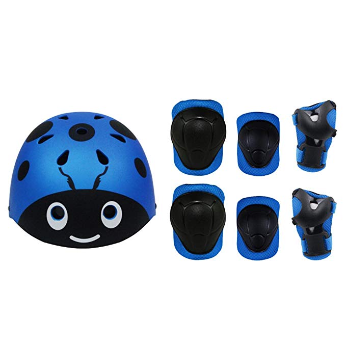 Kiwivalley 7 Pieces Kids Outdoor Sports Protective Gear Set,Kids Safety Helmet,Knee & Elbow Pads,Wrist Guards for Tricycle Roller Skating Skating Cycling(4-8 Years Old)