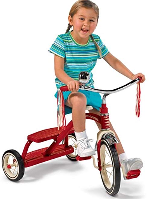 Radio Flyer Classic Red Dual Deck Tricycle- children's Tricycle- Adjustable Seat- Retro Design- Rubber-wheeled Tricycle- Chrome Front Fender- Double-deck- Step-in Back