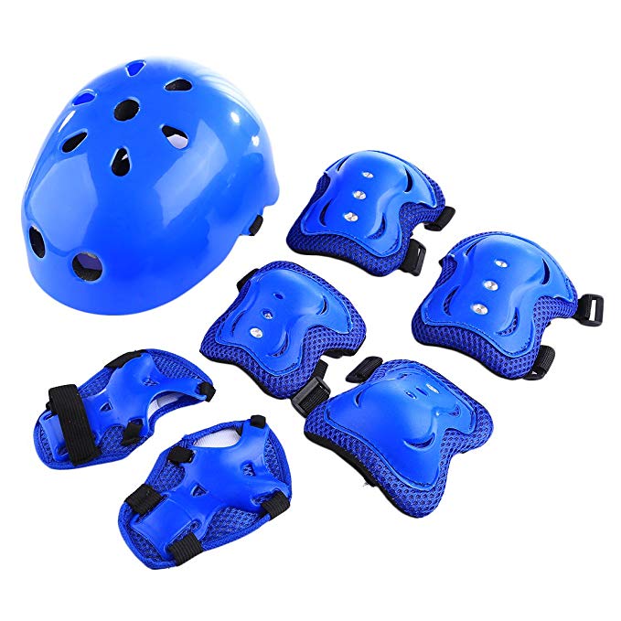 Kids Sports Safety Protective Gear Set, RuiyiF 7Pcs Set Children's Elbow Pad Knee Pads Wrist Guard Helmet for Scooter Skateboard Skating Blading Cycling Riding - Blue