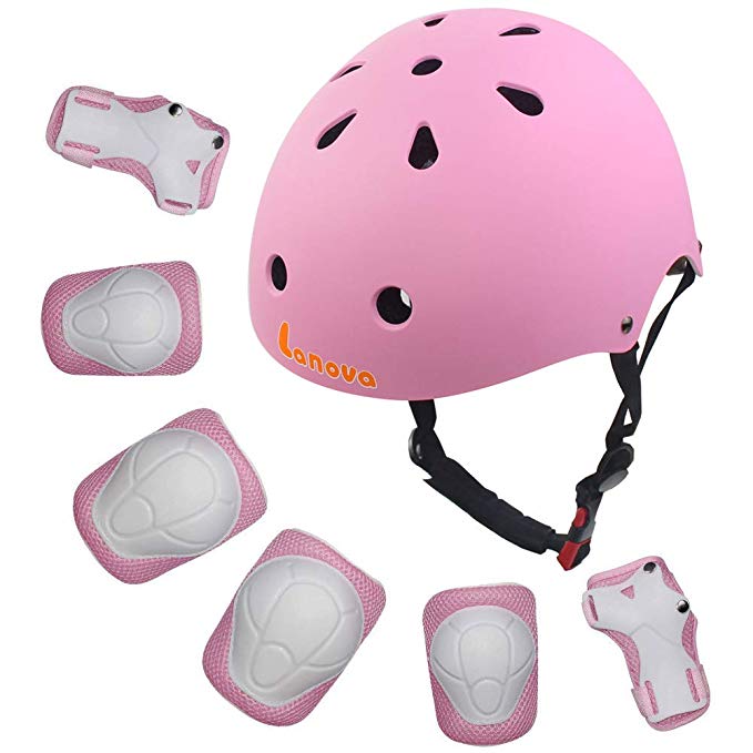 LANOVAGEAR Kids Child Adjustable Cycling Bicycle Protective Gear Set 7pcs Toddler Helmet Elbow Knee Wrist Pads for Multi Sports Skateboarding Rollerblading Bike