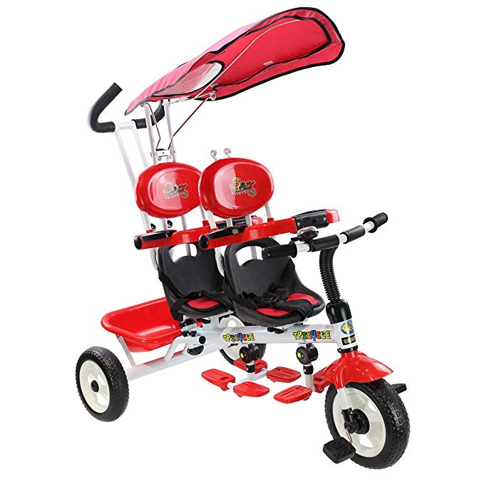 Costzon 4 in 1 Twins Kids Trike Baby Toddler Tricycle Safety Double Rotatable Seat w/Basket (Tandem Tricycle, Red)