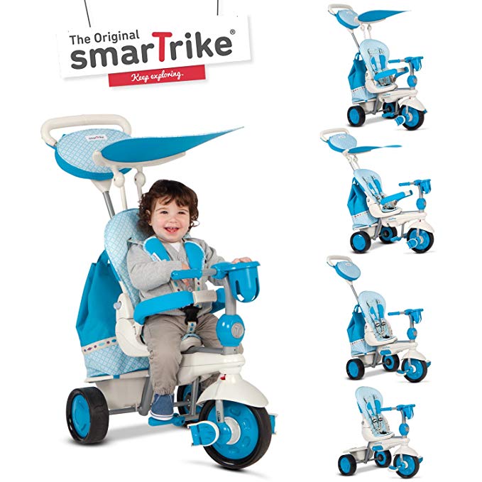 smarTrike Explorer 5 in 1 Baby Trike Light Weight 13.2 Pounds With Foot Rest Reclining Seat Quiet Ride Wheels Cup Holder Storage Bag and Padded Seat - Blue