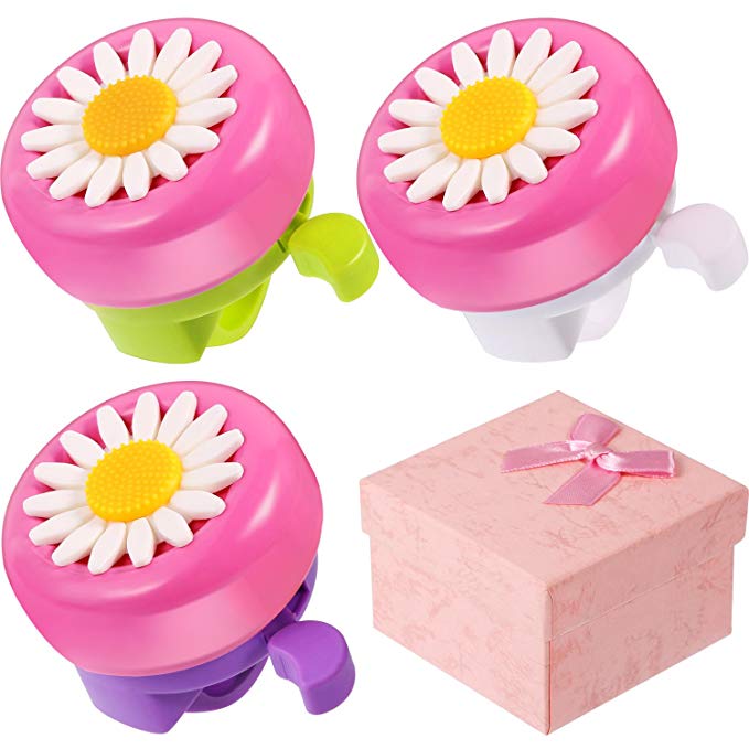 BBTO 3 Pieces Kids Bike Bells Flower Shape Bicycle Rings Accessory Bike Parts with Gift Boxes for Girls, 3 Colors