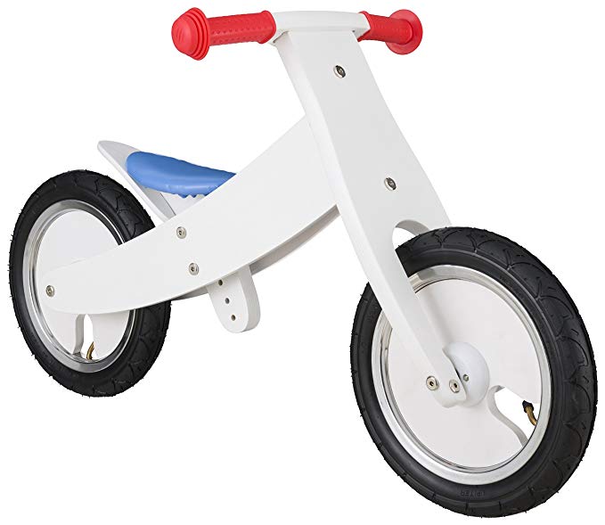 BIKESTAR® Original Safety Wooden Lightweight Kids First Balance Running Bike with air tires for age 3 year old boys and girls | 12 Inch Edition | White Blue Red Rallye Design