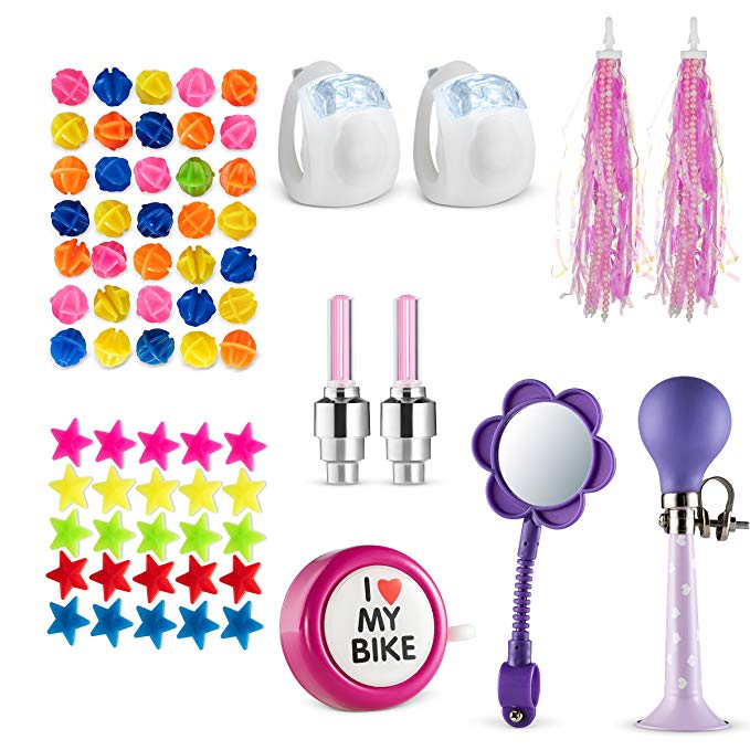 Bikes On Hikes 69 Piece Children's Bike Set Pink Purple - Includes Horn, Mirror, Bell, 2 Streamers, 2 Flash Valve Sealing Caps, 2 White Lights, 30 Stars, 30 Balls Spoke Lights - All in One Set